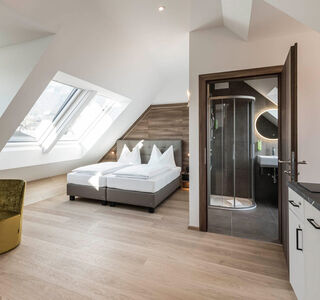 View into the Panorama Apartment 1: double bed, bathroom, kitchen, table with seating