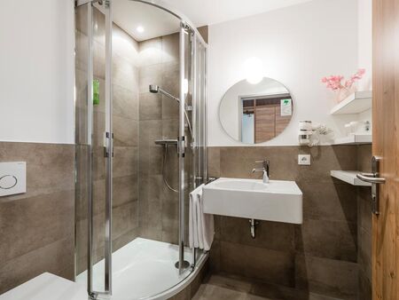 Bathroom with shower in the family room in the Hotel Zach